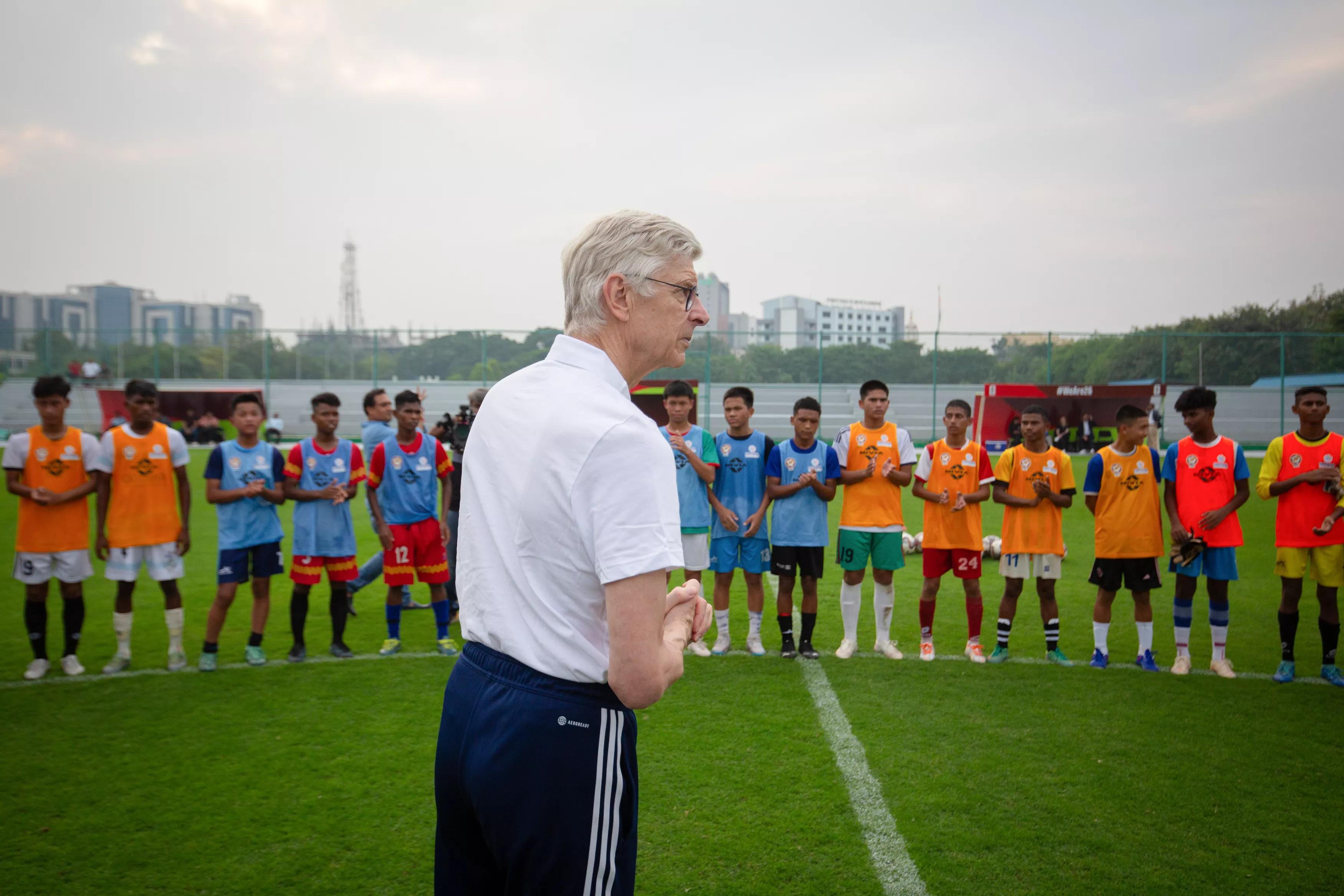 BHUBANESHWAR, INDIA - NOVEMBER 21: FIFA Chief of Global Football Development Arsene Wenger interacts with students at the Odisha Football Academy which houses the AIFF-FIFA Talent Academy on November 21, 2023 in Bhubaneshwar, India. (Photo by Abhishek Chinnappa - FIFA/FIFA via Getty Images)